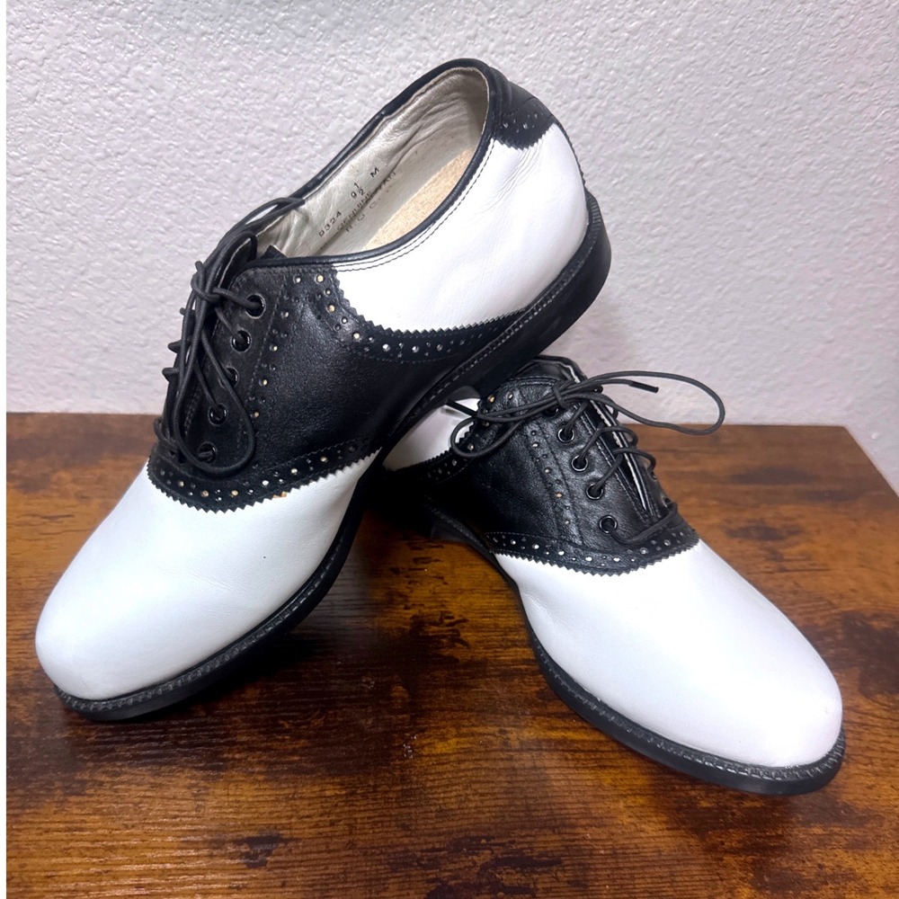 Mizuno Saddle Golf Shoes Mens Size 9.5‎ Black White Leather Wingtip Lace Cleats